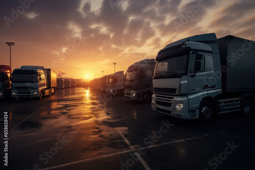 An impressive convoy of white cargo trucks, symbols of efficient logistics and transportation, travel along the highway under a summer sunset sky, showcasing the backbone of modern commerce