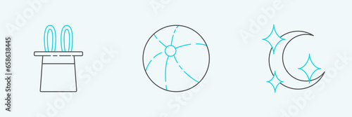 Set line Moon and stars, Magician hat rabbit ears and Beach ball icon. Vector