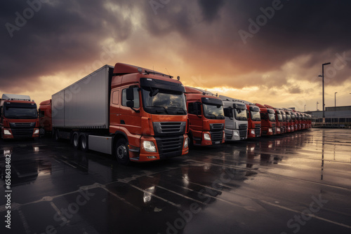 An impressive convoy of white cargo trucks  symbols of efficient logistics and transportation  travel along the highway under a summer sunset sky  showcasing the backbone of modern commerce