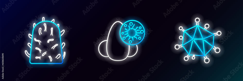 Set line Virus, Rabies virus and Runny nose and icon. Glowing neon. Vector Set line Virus, Rabies virus and Runny nose and icon. Glowing neon. Vector
