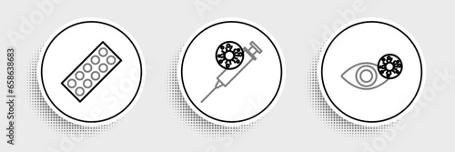 Set line Reddish eye due to virus, Pills in blister pack and Syringe and icon. Vector