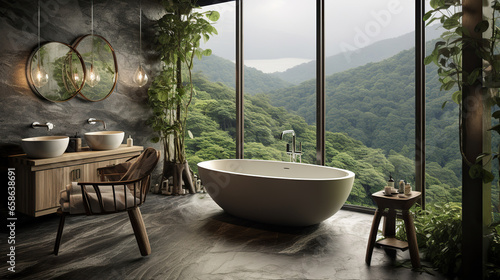 Serenity in Seclusion: A Modern Bathroom Overlooking a Forest,view from the window of a hotel