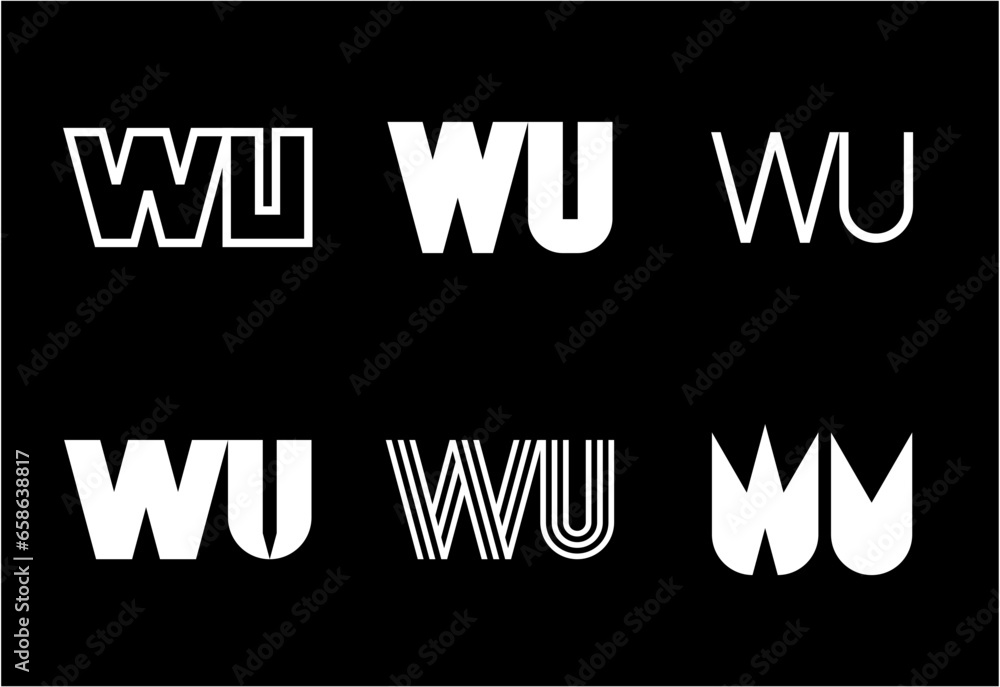 Set of letter WU logos. Abstract logos collection with letters. Geometrical abstract logos Set of letter WU logos. Abstract logos collection with letters. Geometrical abstract logos