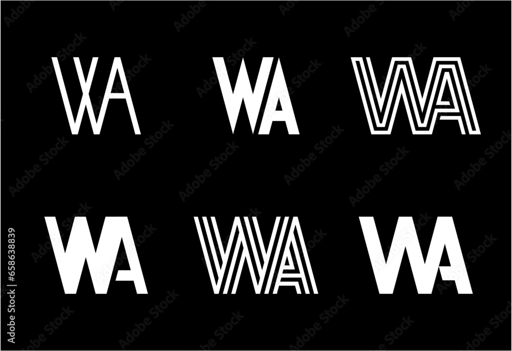 Set of letter WA logos. Abstract logos collection with letters. Geometrical abstract logos Set of letter WA logos. Abstract logos collection with letters. Geometrical abstract logos