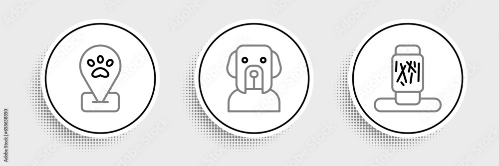 Set line Cat scratching post, Location pet grooming and Dog icon. Vector Set line Cat scratching post, Location pet grooming and Dog icon. Vector
