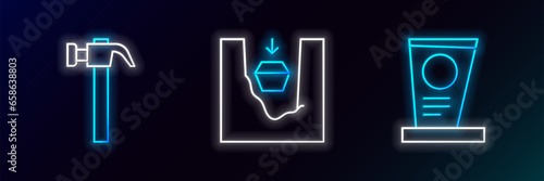 Set line Grave with tombstone, Hammer and Coffin in grave icon. Glowing neon. Vector