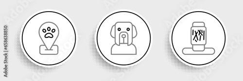 Set line Cat scratching post, Location pet grooming and Dog icon. Vector