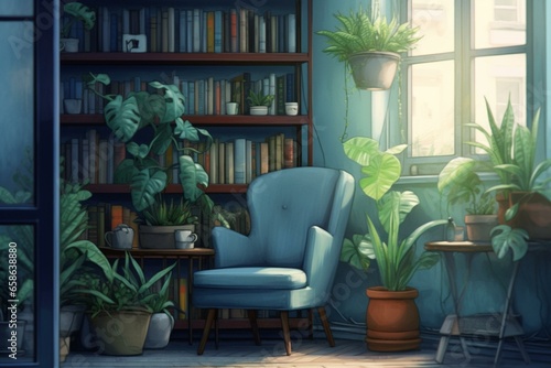 A room with a blue chair, bookshelf, potted plant, and green plant in a vase. Generative AI © Beatriz