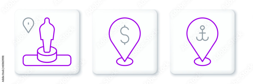 Set line Location with anchor, and monument and Cash location icon. Vector Set line Location with anchor, and monument and Cash location icon. Vector