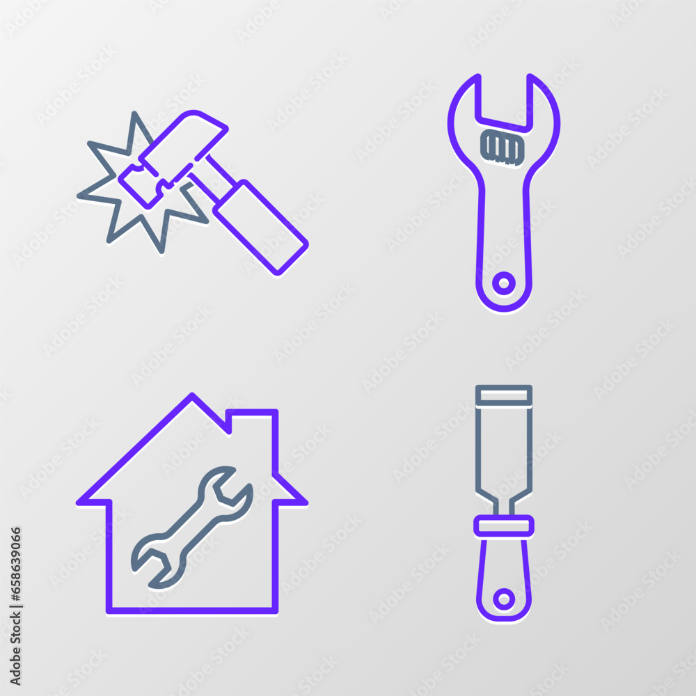Set line Rasp metal file, House repair, Adjustable wrench and Hammer icon. Vector Set line Rasp metal file, House repair, Adjustable wrench and Hammer icon. Vector