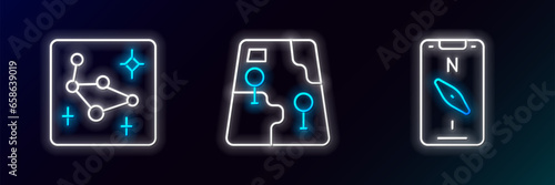 Set line Compass on mobile, Great Bear constellation and City map navigation icon. Glowing neon. Vector