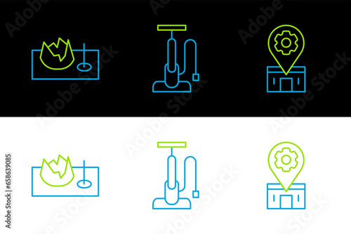 Set line Bicycle repair service, on street ramp and pump icon. Vector
