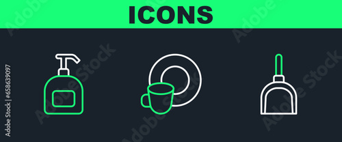 Set line Dustpan, Bottle of liquid soap and Washing dishes icon. Vector
