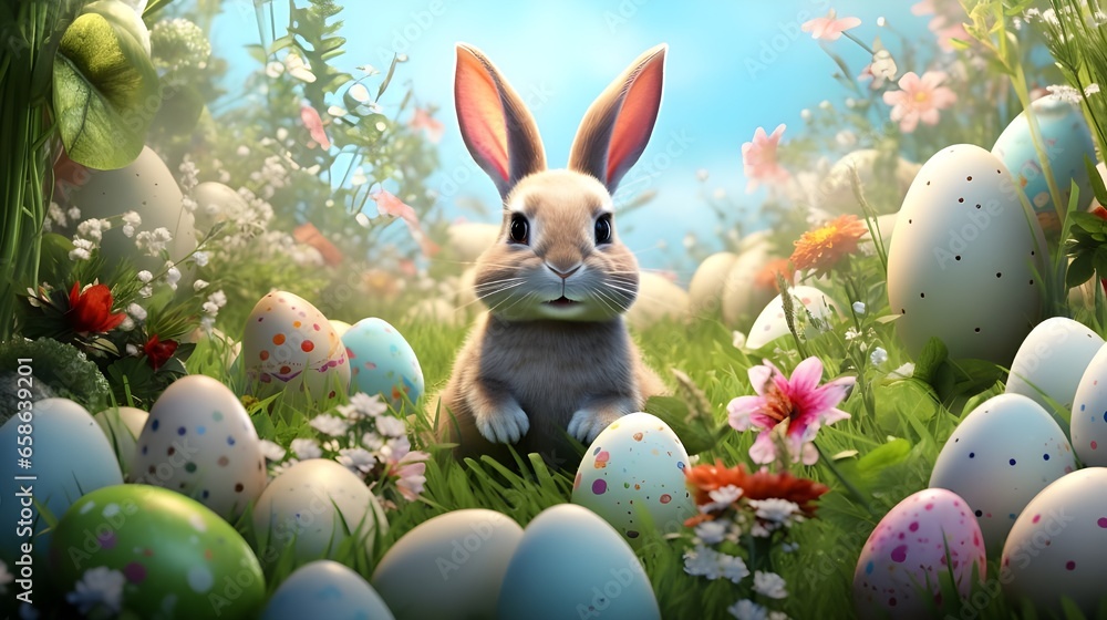Cute white Easter bunny with colorful Easter eggs Cute white Easter bunny with colorful Easter eggs