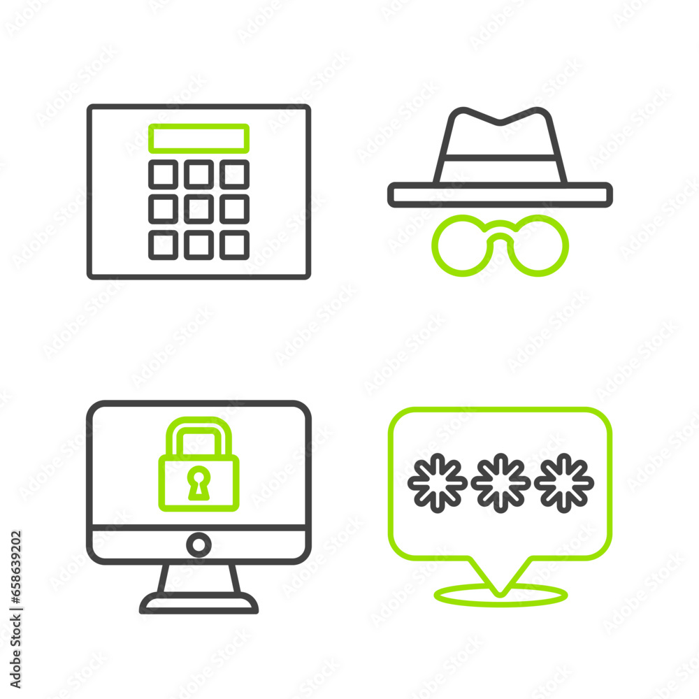 Set line Password protection, Lock monitor, Incognito mode and icon. Vector Set line Password protection, Lock monitor, Incognito mode and icon. Vector