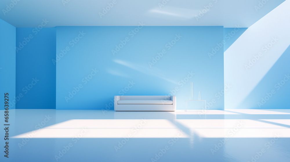 Empty blue and white room with sofa and beautiful light and shadow, AI generated Empty blue and white room with sofa and beautiful light and shadow, AI generated