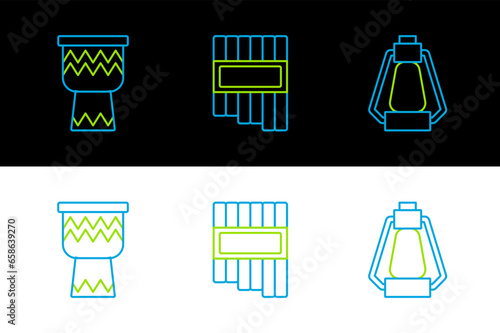 Set line Camping lantern  Drum and Pan flute icon. Vector