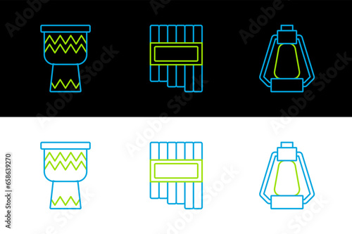 Set line Camping lantern, Drum and Pan flute icon. Vector