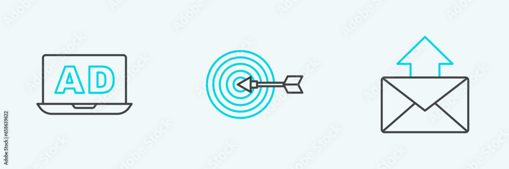 Set line Mail and e-mail, Advertising and Target icon. Vector Set line Mail and e-mail, Advertising and Target icon. Vector