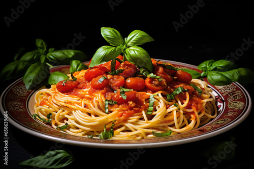 A plate of spaghetti with basil leaves.