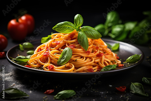 A plate of spaghetti with basil leaves.