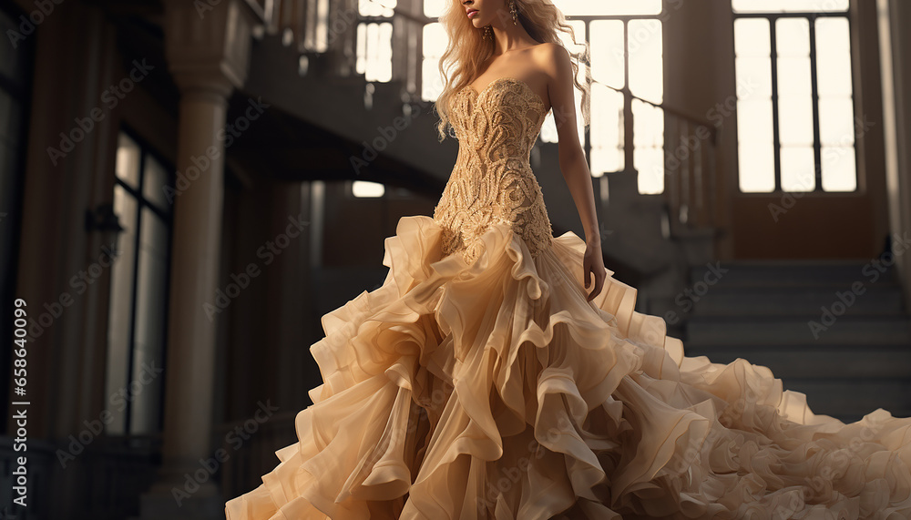 Haute couture inspired wedding dress in ochre