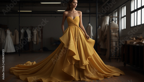 Haute couture inspired wedding dress in ochre