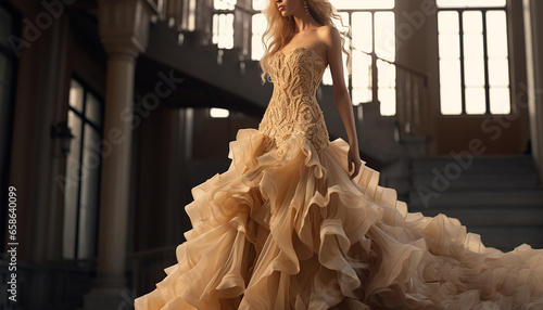 Haute couture inspired wedding dress in ochre photo