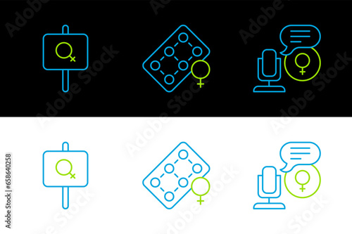 Set line Microphone, Feminist activist and Packaging of birth control pills icon. Vector