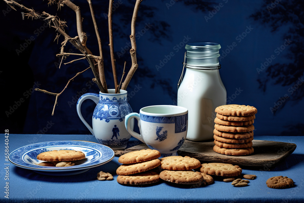 Festive Cookies and Milk on a Blue Background,milk and cookies,glass of milk and cookies Festive Cookies and Milk on a Blue Background,milk and cookies,glass of milk and cookies
