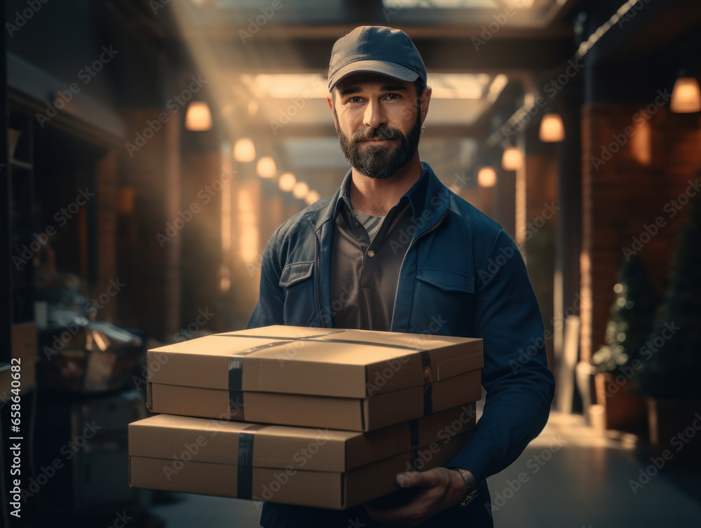 The delivery person holds cardboard packages, online purchases, generative AI The delivery person holds cardboard packages, online purchases, generative AI