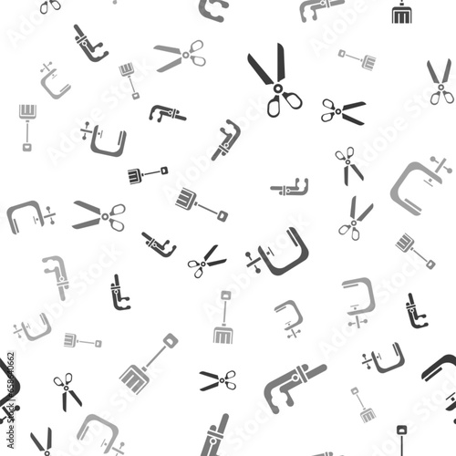 Set Scissors  Clamp tool  Clamp and screw tool and Snow shovel on seamless pattern. Vector