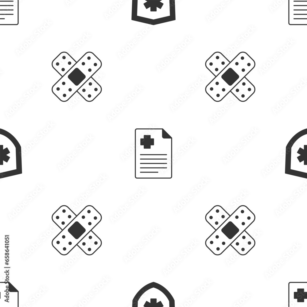 Set Life insurance, Patient record and Crossed bandage plaster on seamless pattern. Vector Set Life insurance, Patient record and Crossed bandage plaster on seamless pattern. Vector