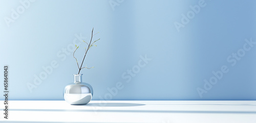 Empty blue and white room with vases , beautiful light and shadow, AI generated