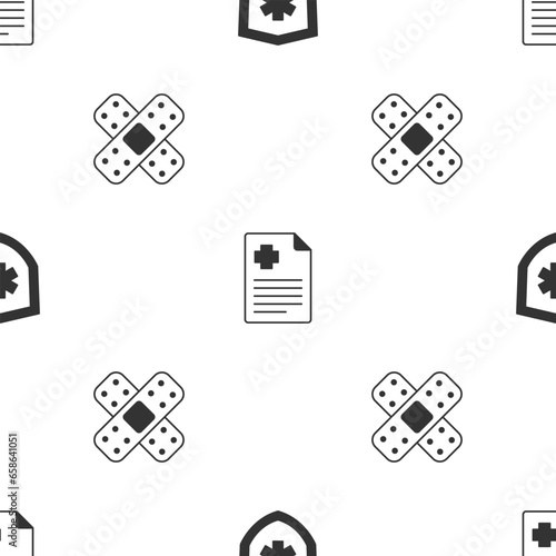 Set Life insurance, Patient record and Crossed bandage plaster on seamless pattern. Vector