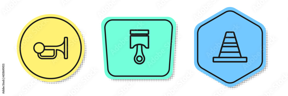 Set line Signal horn on vehicle, Engine piston and Traffic cone. Colored shapes. Vector Set line Signal horn on vehicle, Engine piston and Traffic cone. Colored shapes. Vector