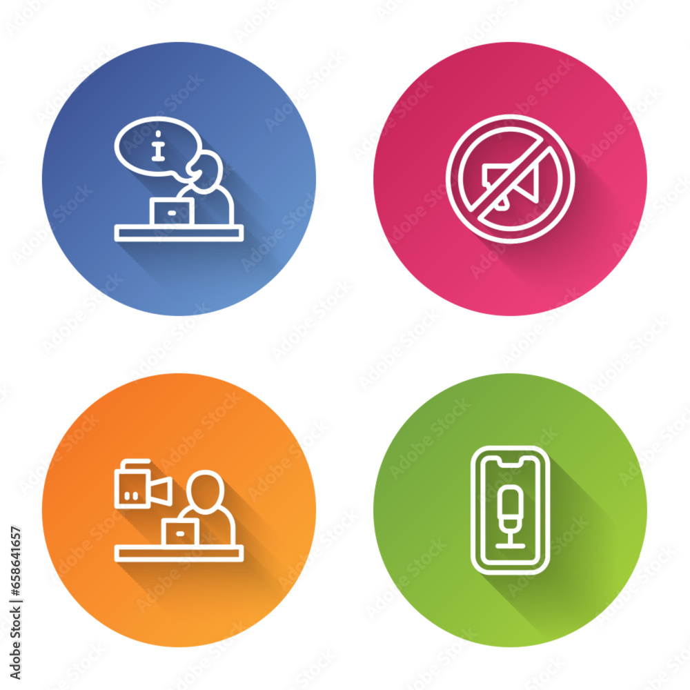 Set line Television report, Censored stamp, Breaking news and Mobile recording. Color circle button. Vector Set line Television report, Censored stamp, Breaking news and Mobile recording. Color circle button. Vector