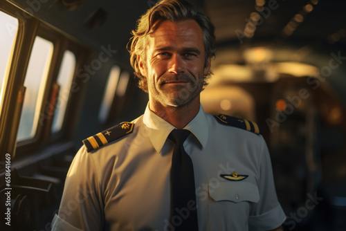 Positive middle-aged man airplane pilot in uniform inside aircraft