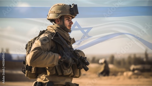 Fotografia Israeli Soldier created with the help of AI, with underlying Israel flag