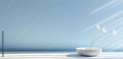 Empty blue and white room with vases and flowers, beautiful light and shadow, AI generated