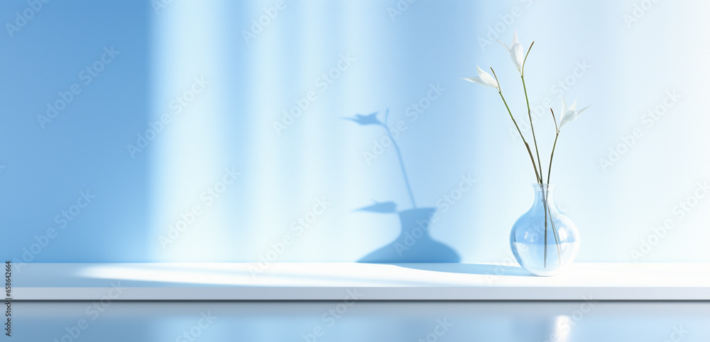 Empty blue and white room with vases and flowers, beautiful light and shadow, AI generated Empty blue and white room with vases and flowers, beautiful light and shadow, AI generated