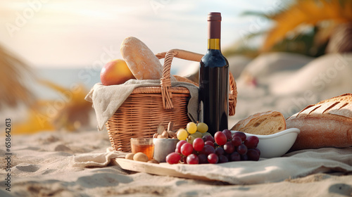 Picnic Basket with Fruits and Wine on a Beach