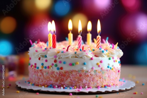 Celebration birthday cake with colorful burning birthday candles