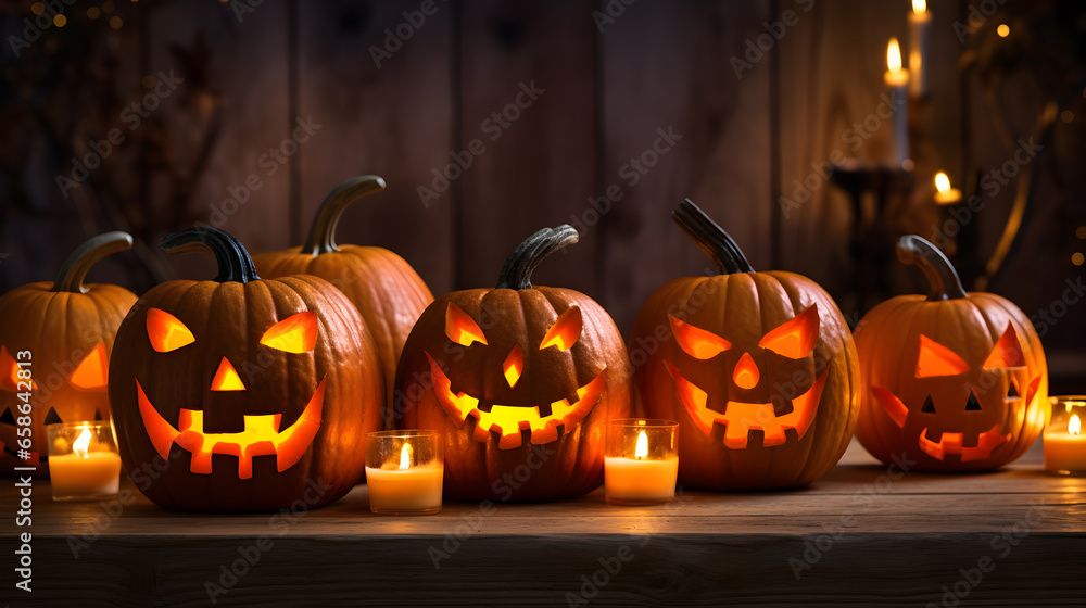 Fototapeta premium Halloween pumpkin head jack-o-lantern with scary evil faces and candles