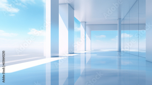 Empty blue and white room with large window and beautiful light and shadow, AI generated