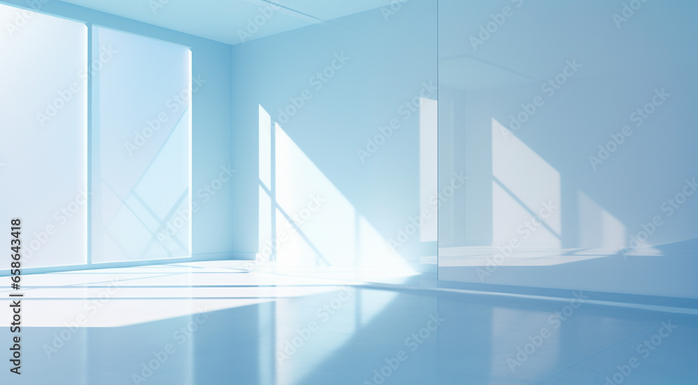 Fototapeta premium Empty blue and white room with beautiful light and shadow, AI generated