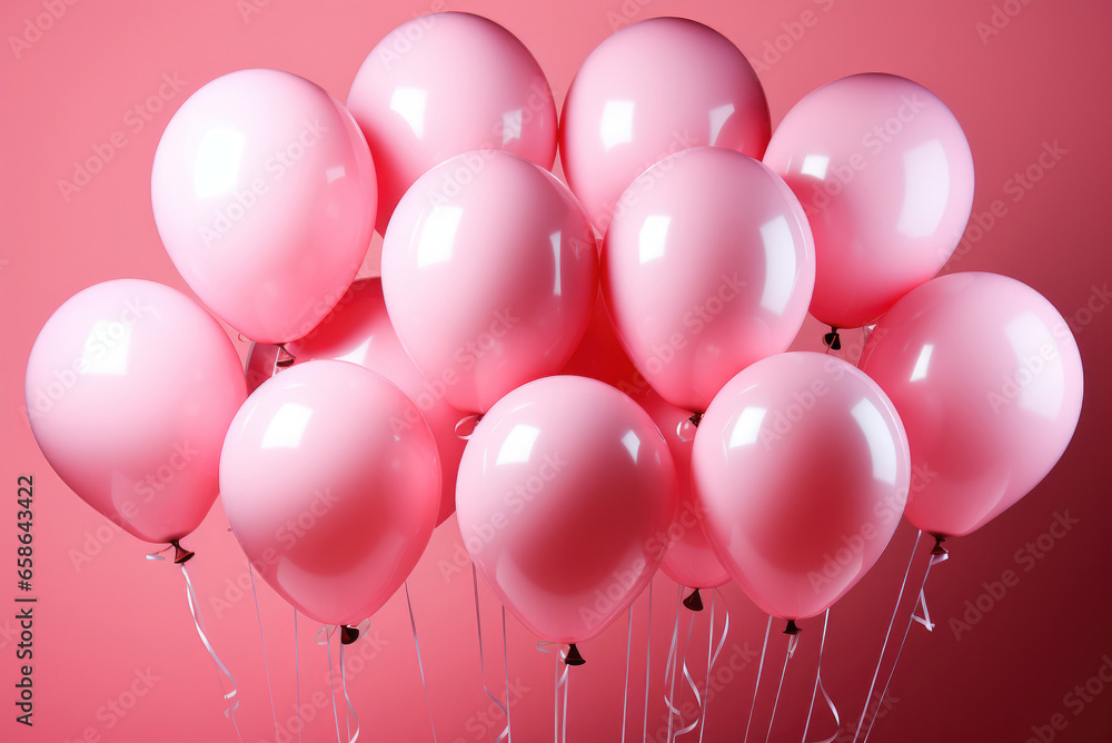 Bunch pink glossy helium balloons on pink background in the studio
