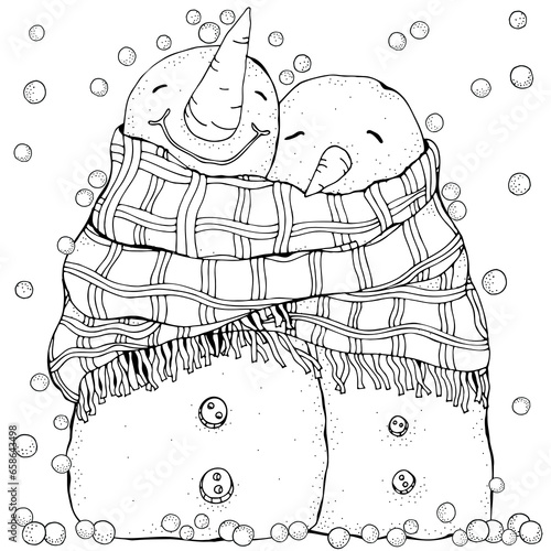 Cute Pair of Snowmen. Lovers. Love. Merry Christmas, Happy New Year. Pattern for adult coloring book. Black and white.