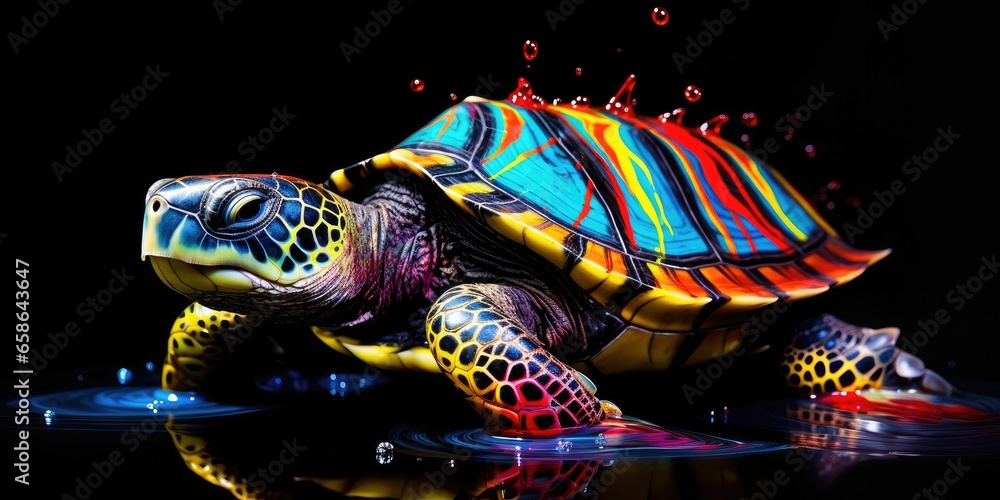 Painted colorful turtle animal, they show off in beautiful colors. isolated black background. Pattern for t-shirt printing, Generative AI