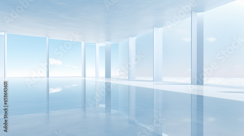 Empty blue and white room with beautiful light and shadow, AI generated © Khorzhevska
